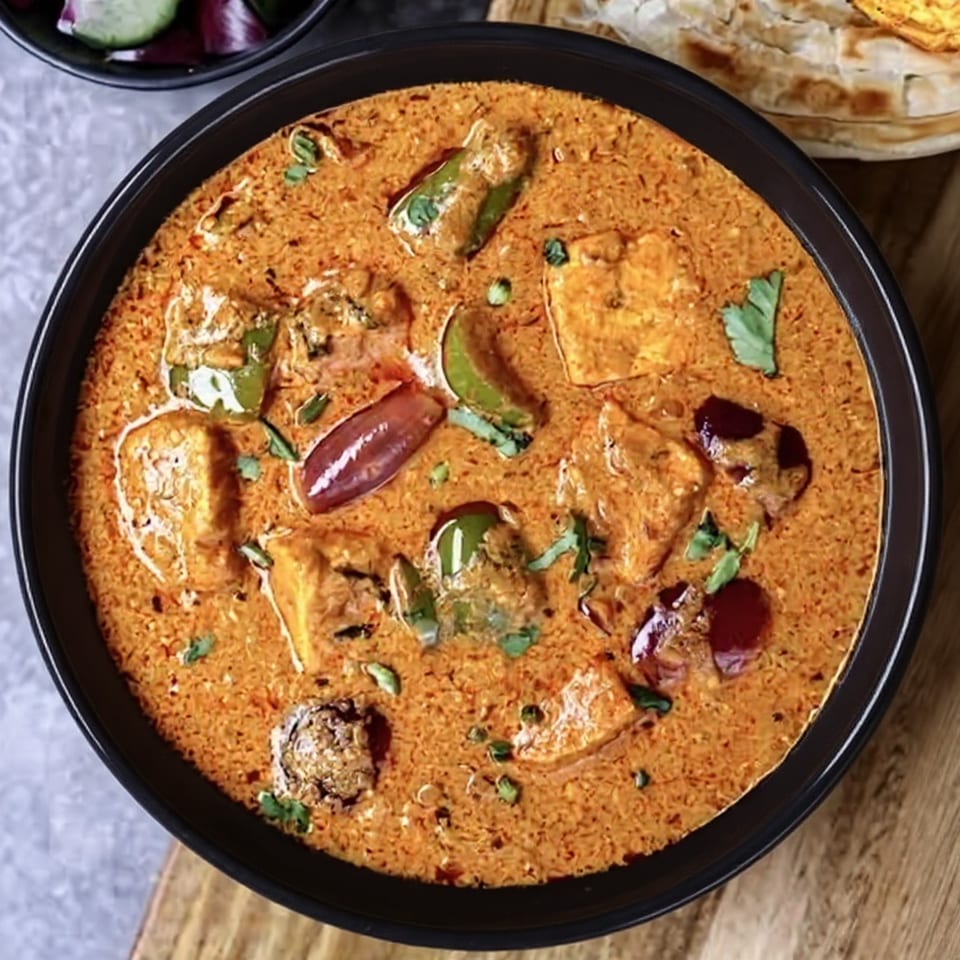 Close-up of a vibrant orange Indian curry with paneer, peppers, and cilantro in a black bowl.
