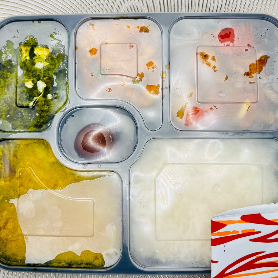 Top-down view of a plastic takeout container with multiple compartments of Indian food.