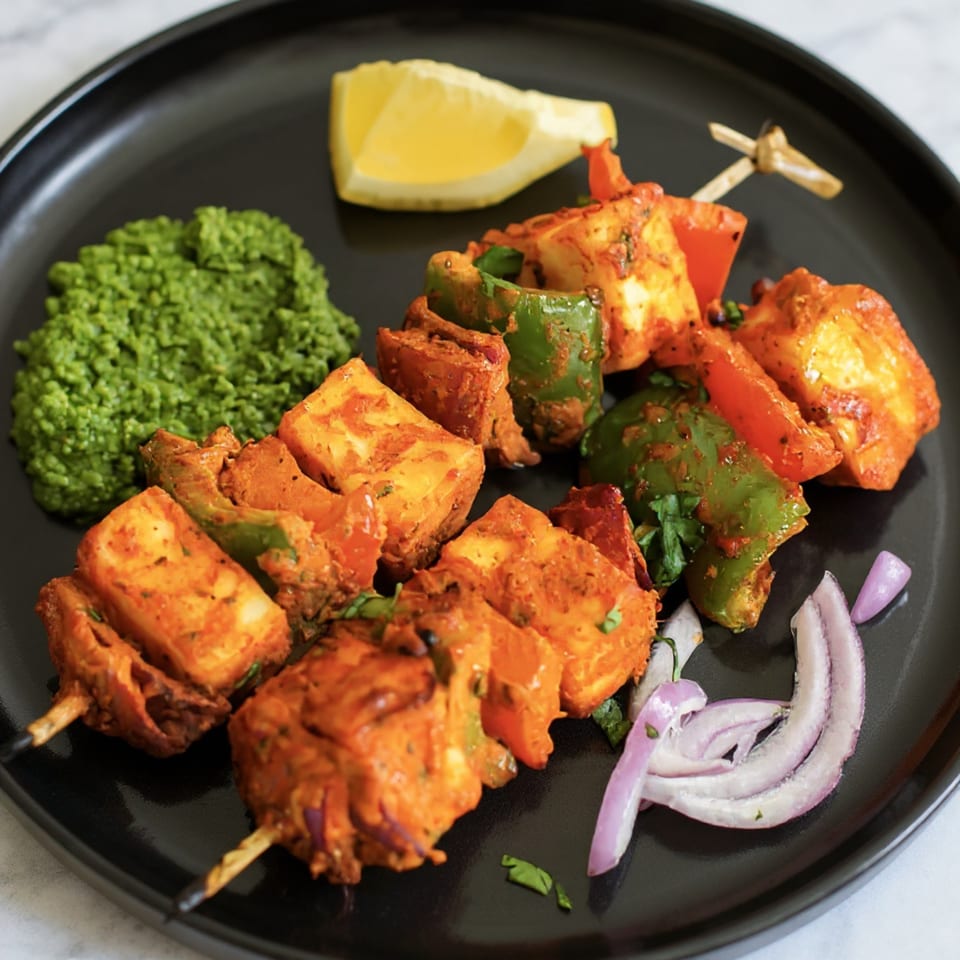 Two skewers of paneer tikka with green and red bell peppers, served with green chutney, lemon, and red onion.