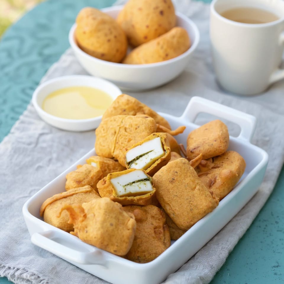Taj Mahal Grill & Bar's paneer pakora, with one cut open to show the paneer and green chutney.