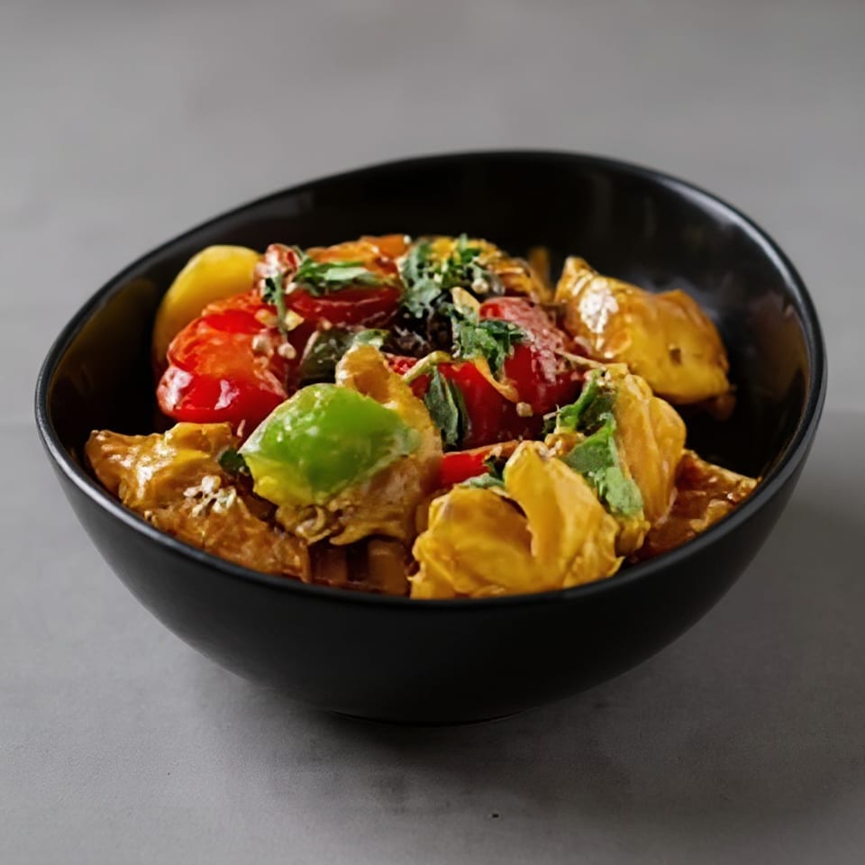 Indian curry with chicken, red and green bell peppers, and herbs in a black bowl.