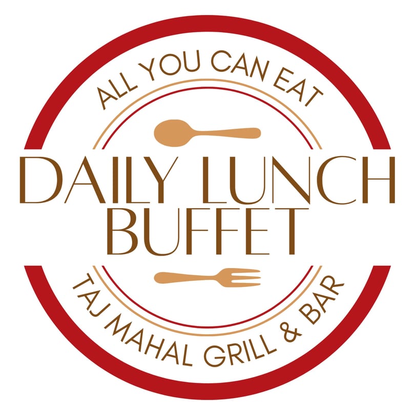Taj Mahal Grill & Bar's daily lunch buffet logo, featuring a spoon and fork.
