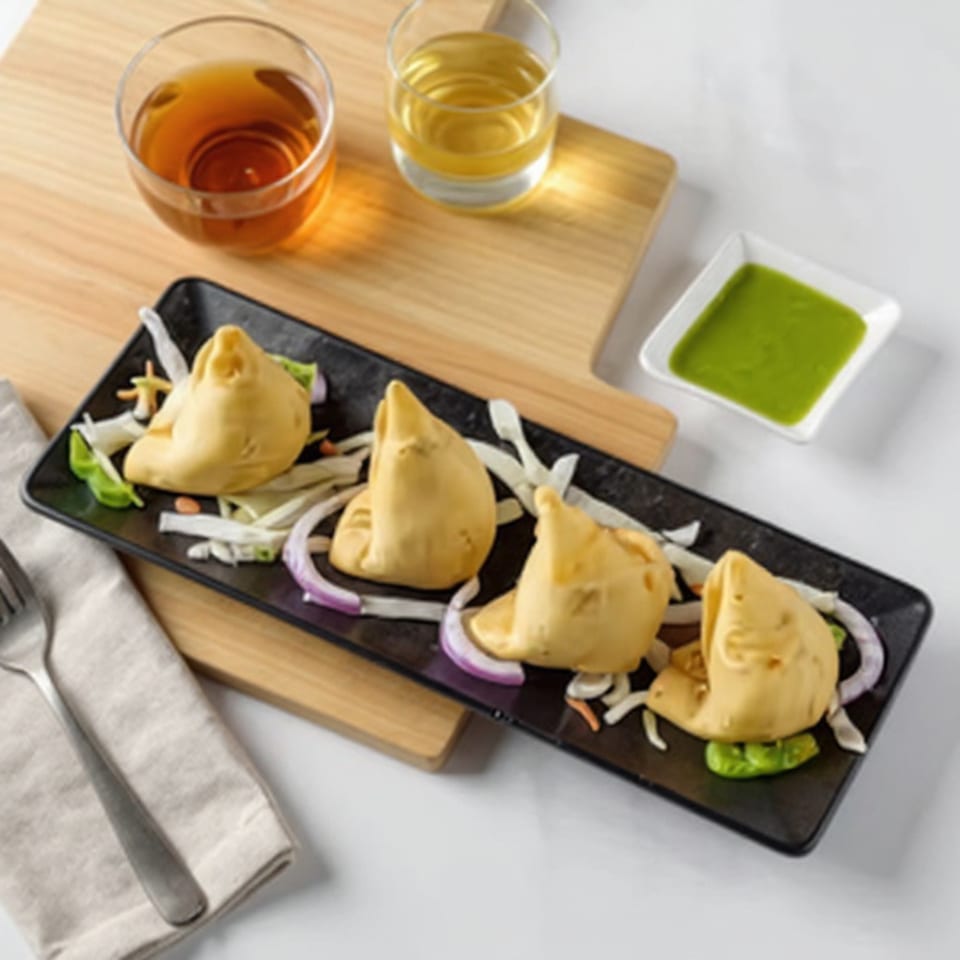 Four golden samosas on a black plate with sliced onions, green chutney, and two drinks.