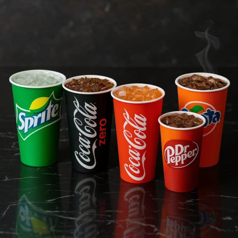 Five cups of soda with ice, including Sprite, Coca-Cola, Fanta, and Dr. Pepper.