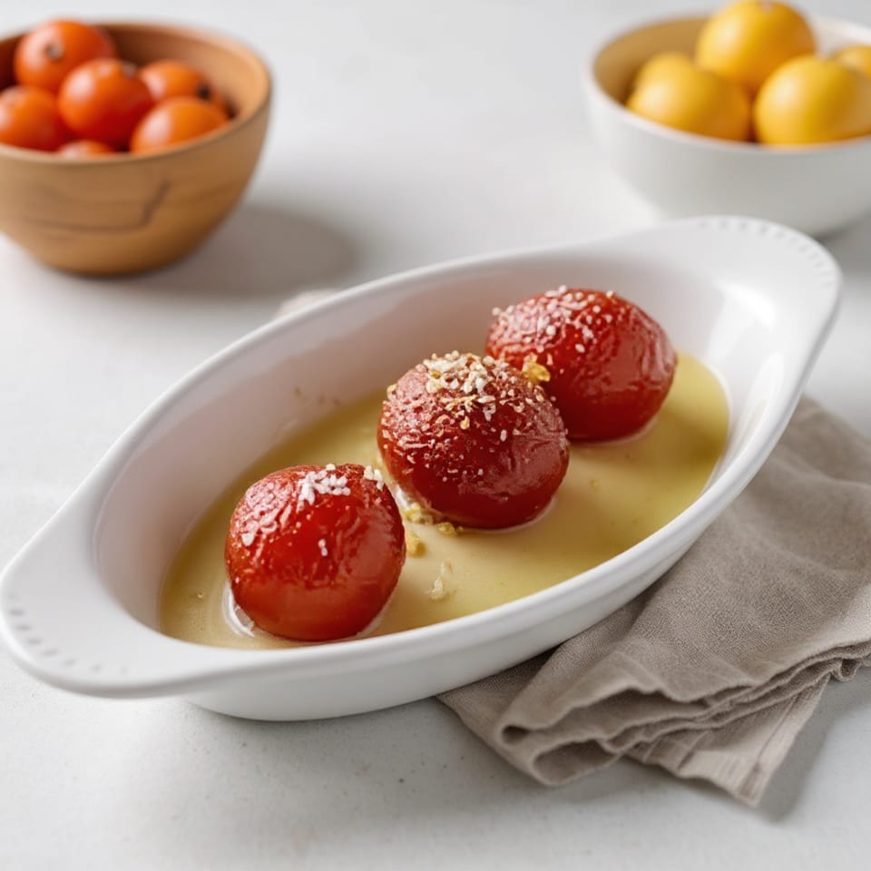 Three Gulab Jamun, Indian desserts, in a white dish with syrup, garnished with coconut flakes.