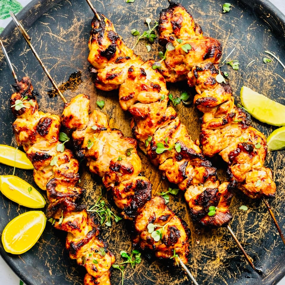 Grilled chicken tikka skewers with lime wedges and fresh herbs on a dark wooden board.