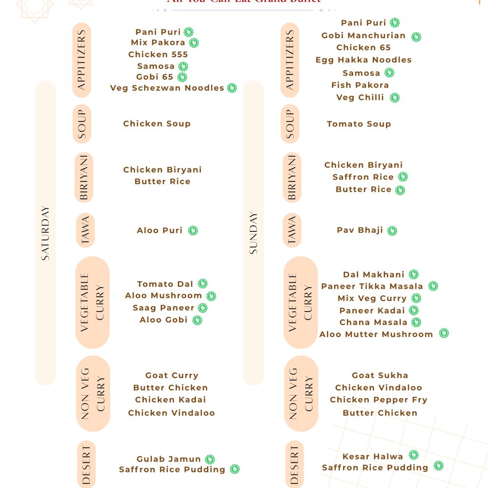 Taj Mahal Grill & Bar's Saturday and Sunday buffet menu, listing various Indian dishes.