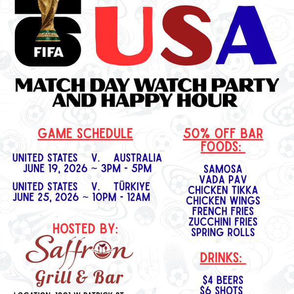A flyer for a FIFA World Cup watch party and happy hour at Saffron Grill & Bar.