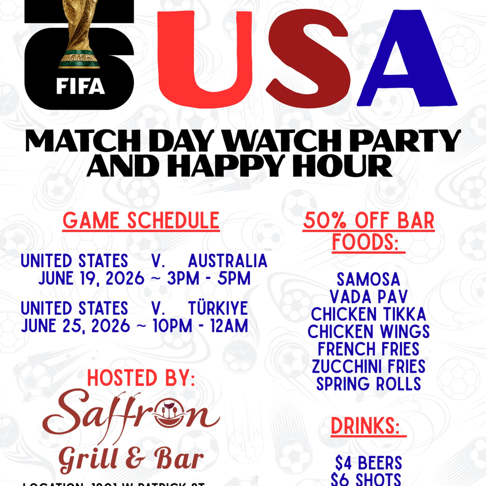 A flyer for a FIFA World Cup watch party and happy hour at Saffron Grill & Bar.