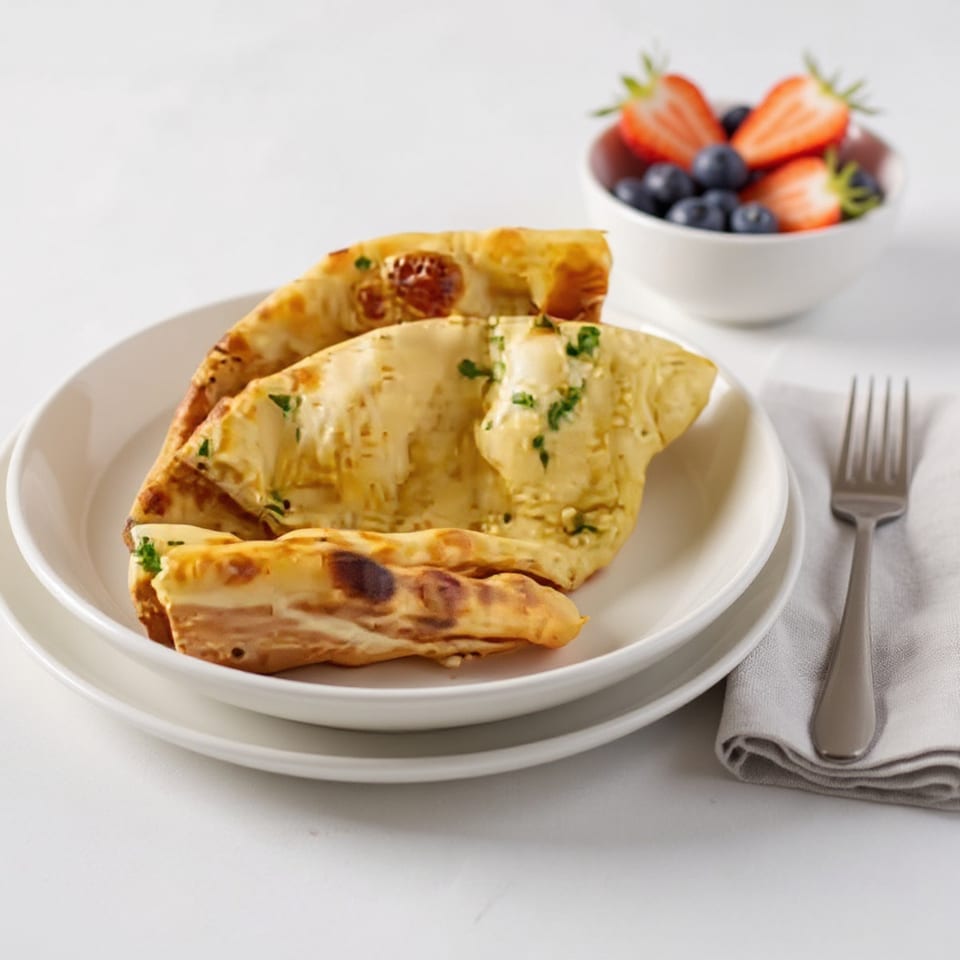 Golden naan bread on white plates, with a bowl of fresh blueberries and strawberries in the background.